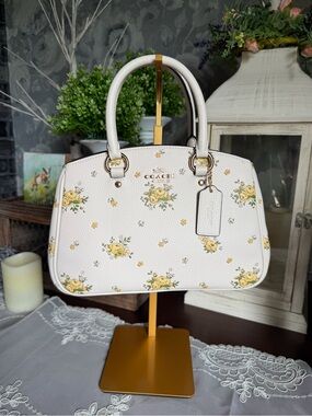 NWT Coach Cream Yellow Leather Floral Savannah Carryall Satchel Purse Handbag